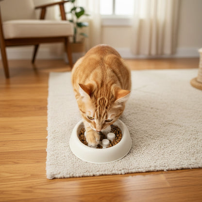 chat roux mangeant dans la gamelle chat anti glouton
