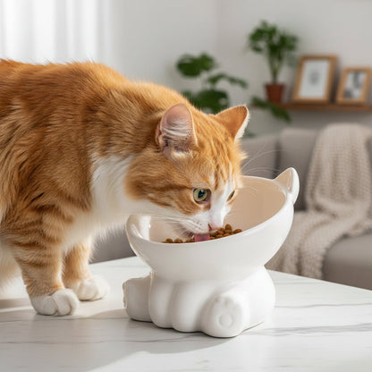 chat roux mangeant dans la gamelle ceramique pour chat blanc