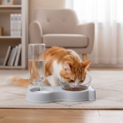 Chat roux mangeant son repas dans une gamelle pour chat gris