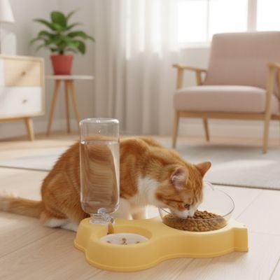 Chat roux mangeant son repas dans une gamelle pour chat jaune