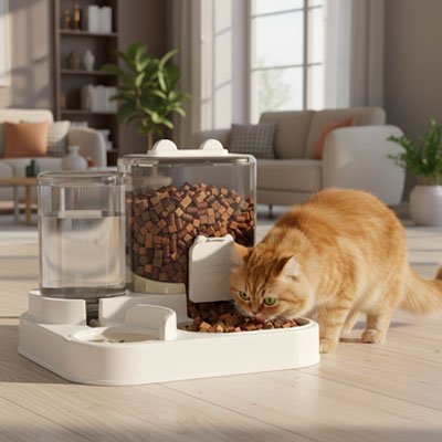 Chat roux mangeant son repas dans le distributeur de croquettes chat