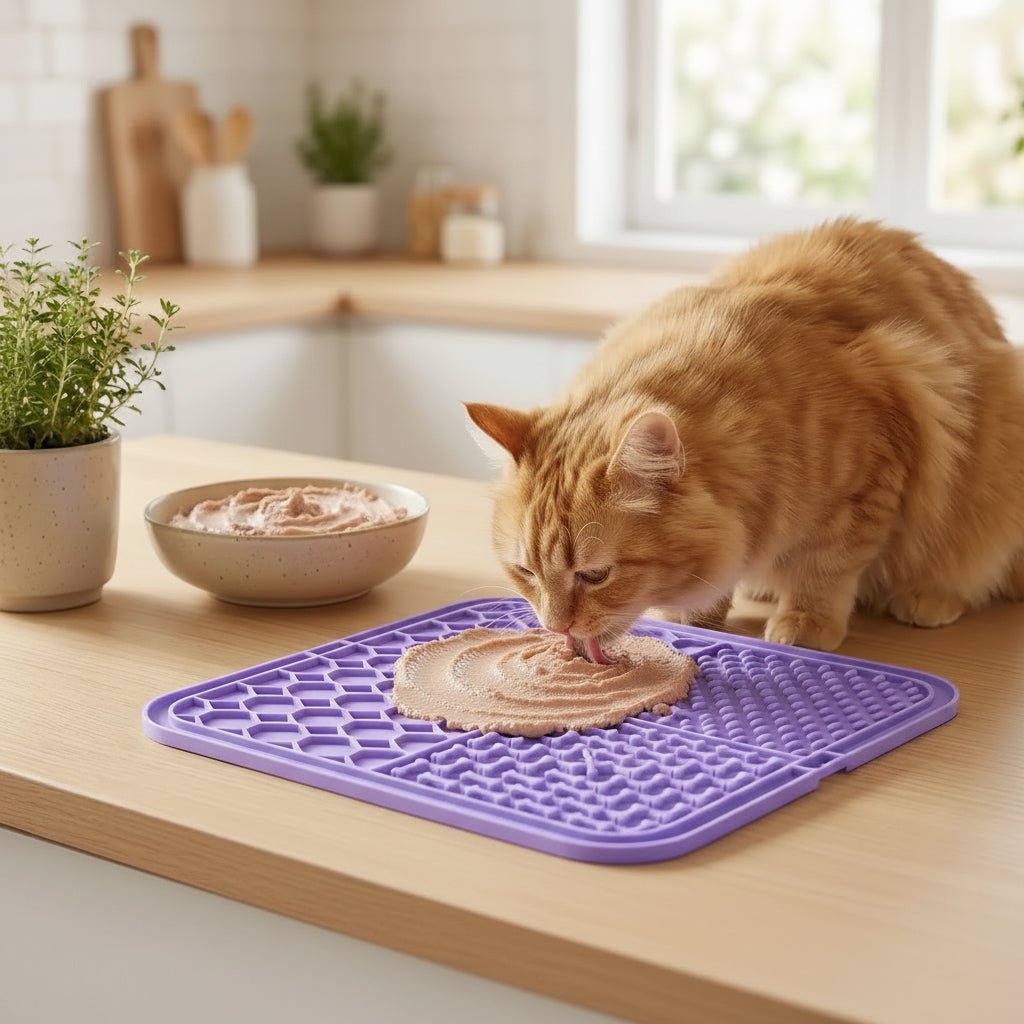 chat roux mangeant sur le tapis anti glouton chat
