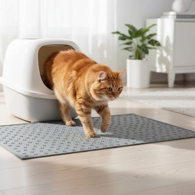 chat roux met ses trois pattes sur tapis pour litiere chat