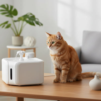 chat  roux observant fontaine a chat