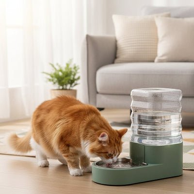 chat roux poilu buvant dans le distributeur eau chat
