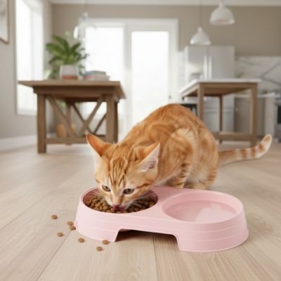 Chat roux prenant son repas dans une gamelle chat sans bol en inox