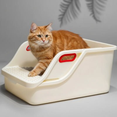 chat roux sortant du bac a litiere chats