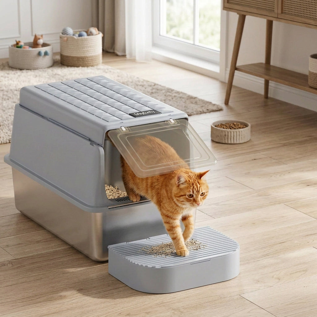 chat roux sortant bac a litiere ferme chat grande taille