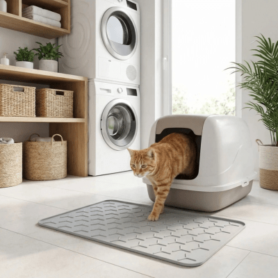 chat roux sortant sur le tapis pour litière chat
