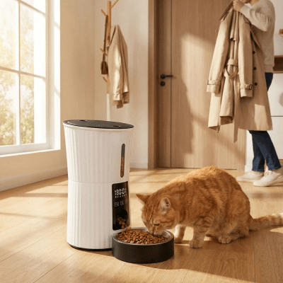 chat roux utilise le distributeur automatique de croquettes pour chat