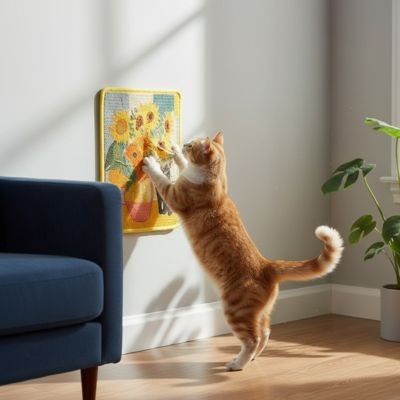 chat roux utilise tapis griffoir chat