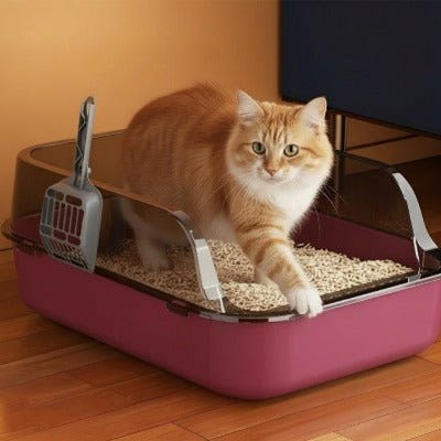 Le chat s’apprête à sortir du bac à litière pour chat