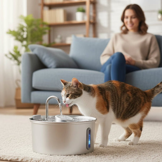 chat savoure l'eau dans la fontaine a eau chat inox