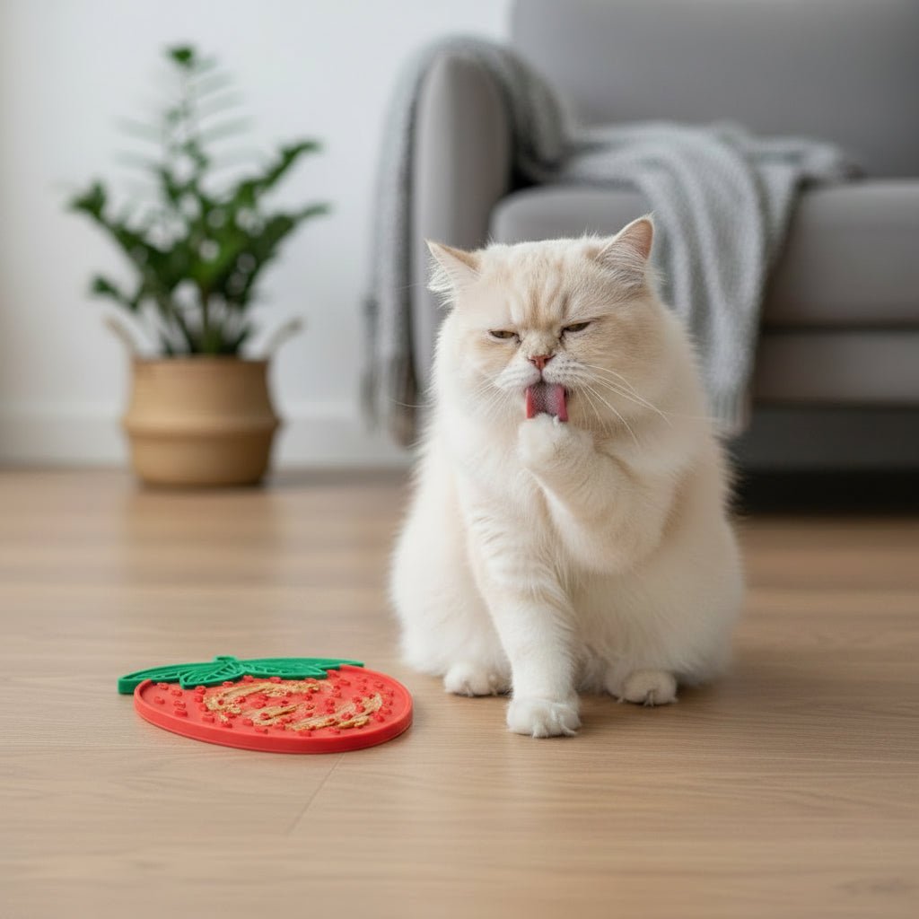 chat se lèche prés du tapis anti-glouton chat
