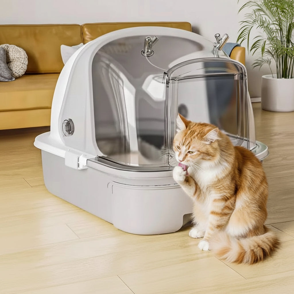 chat se lèche devant le bac a litiere a chat
