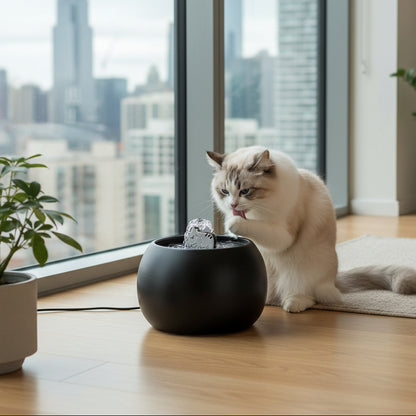 chat se lèche devant la fontaine a eau pour chat ceramique