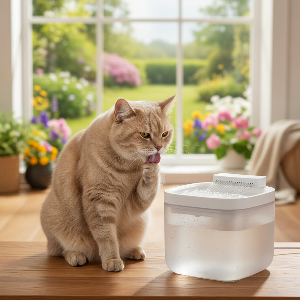 chat se lèche devant la fontaine à eau pour chat avec chat derrière