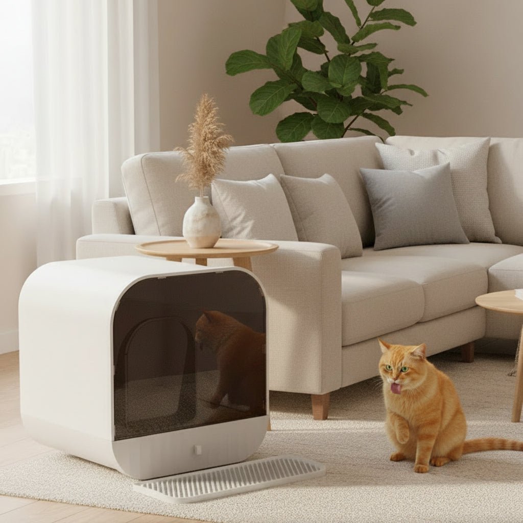 chat se lèche prés du bac a litiere a chat