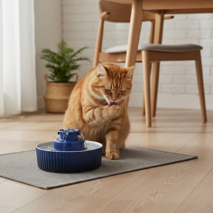 chat se lèche prés de la fontaine a eau ceramique chat bleue