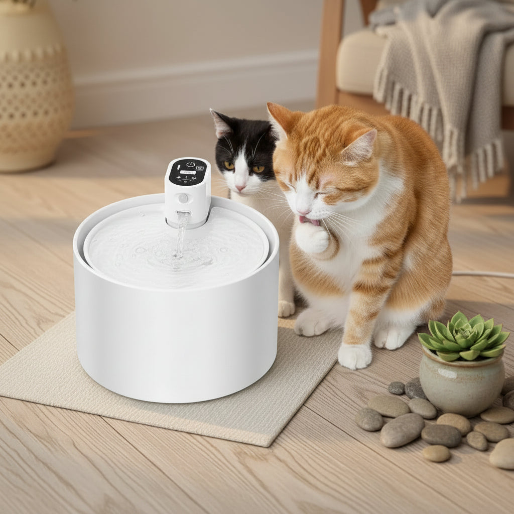 chat se lèche près de la fontaine a eau ceramique chat 