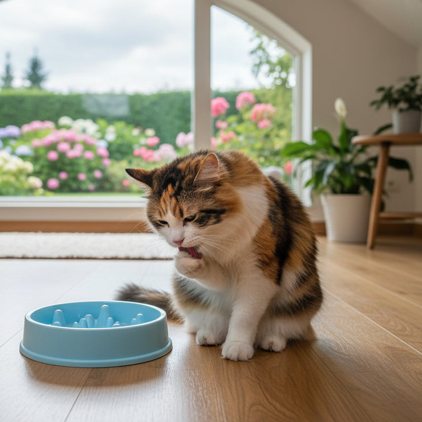chat se lèche prés de la gamelle anti glouton pour chat