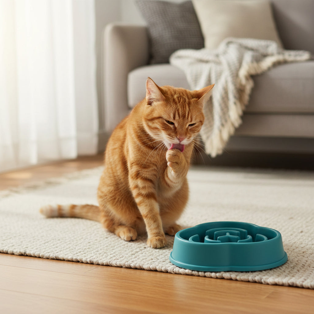 chat se lèche près de la gamelle chat anti glouton