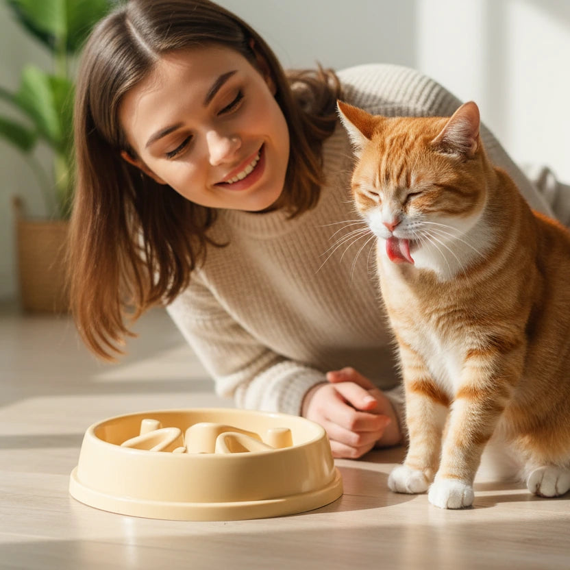 chat se lèche près de la gamelle chat anti glouton 