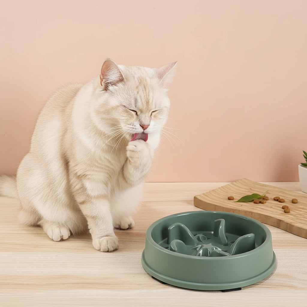 chat se lèche prés de la gamelle pour chat anti glouton