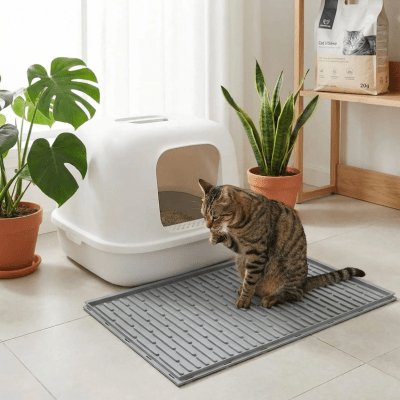 chat se lèche sur le tapis pour chat