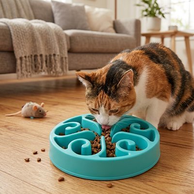 chat chat se nourrie dans gamelle anti-glouton chat bleu