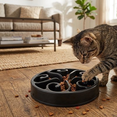 chat se nourrie dans gamelle anti-glouton chat noir 