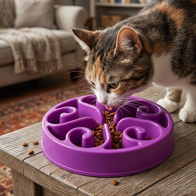 chat se nourrie dans la gamelle anti-glouton chat violet 