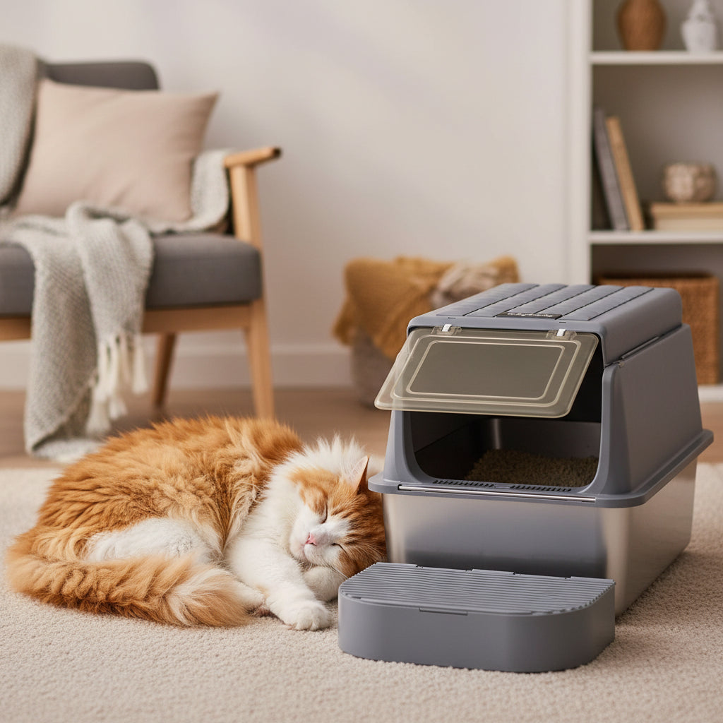 chat se repose près du bac a litiere ferme chat grande taille