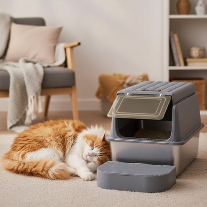 chat se repose près du bac a litiere ferme chat grande taille