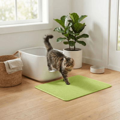 chat sort sa patte devant sur le tapis pour chat