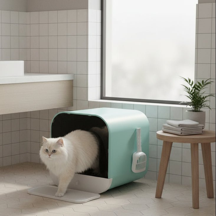 chat sortant du bac a litiere a chat bleu