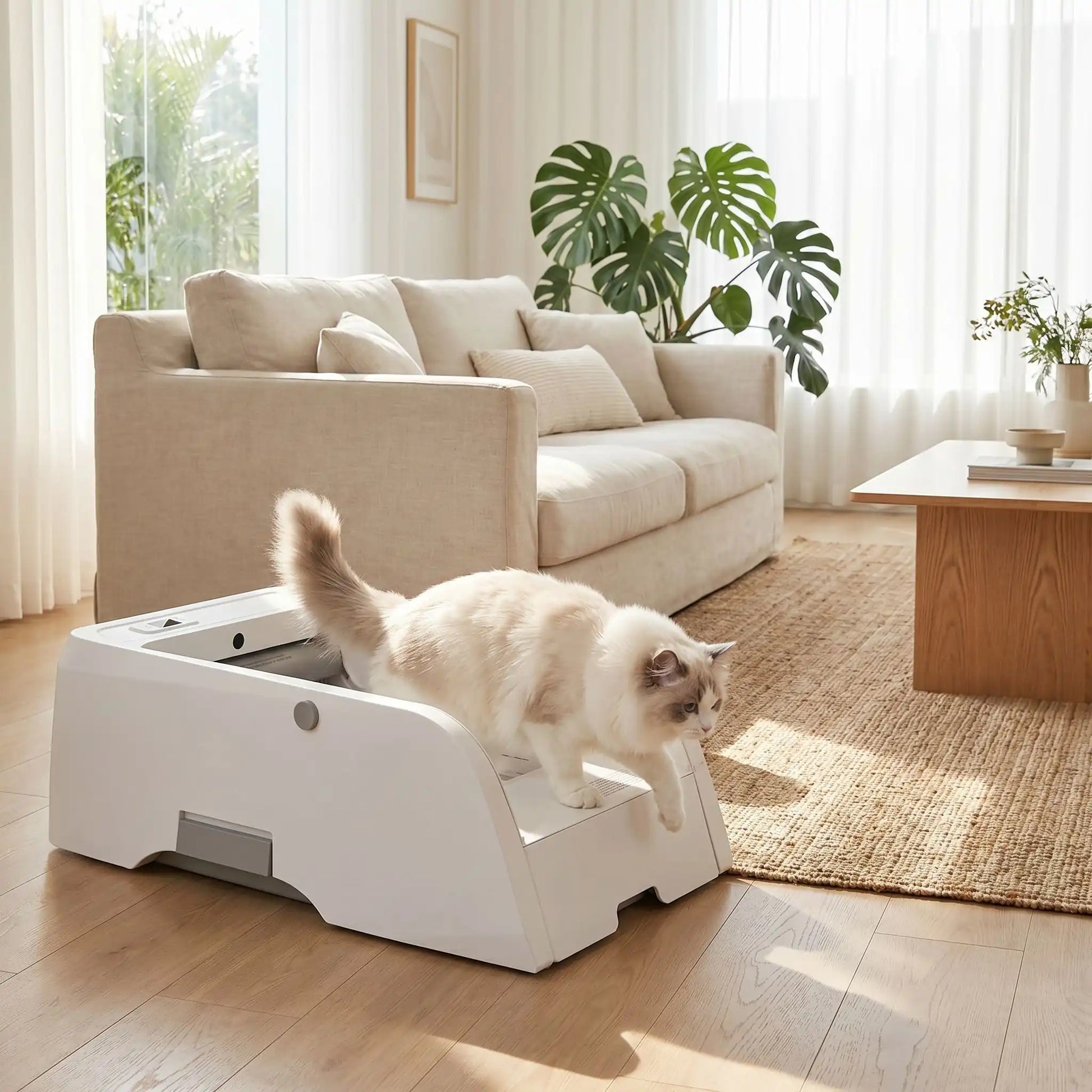 chat sortant du bac a litiere automatique chat