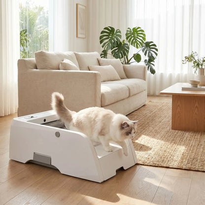 chat sortant du bac a litiere automatique chat