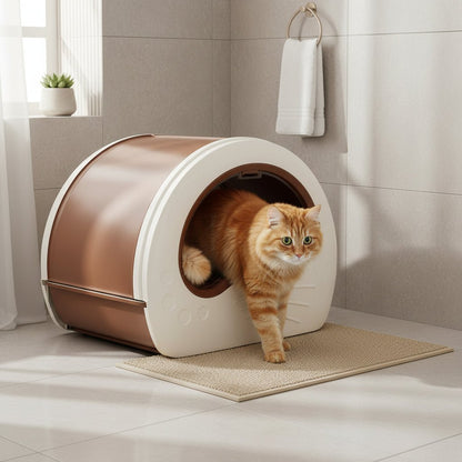 chat sortant du bac a litiere chat fermé brun
