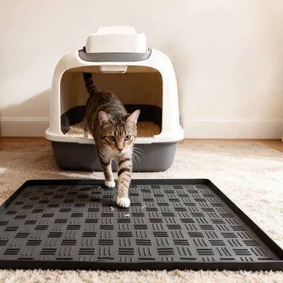 chat sortant du bac sur le tapis pour chat