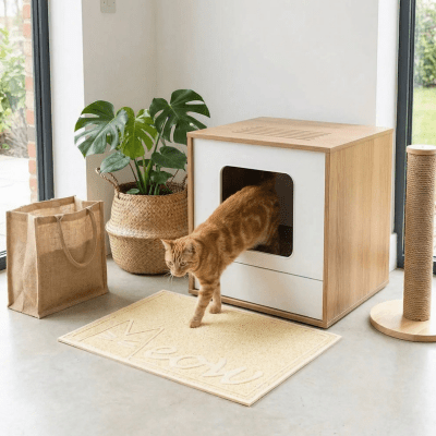 chat sortant sur le tapis litiere chat beige