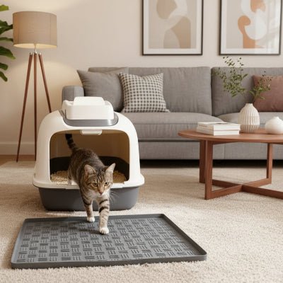 chat sortant sur le tapis pour chat gris