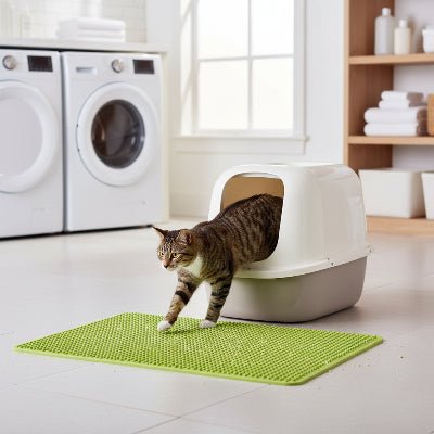 chat sortant sur le tapis pour chat vert 
