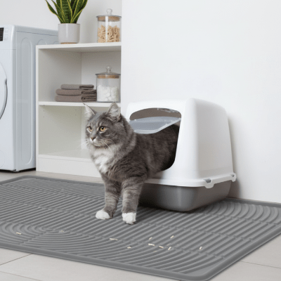 chat sortant du bac sur le tapis pour litière chat