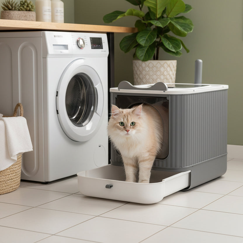 chat sortant du bac a litiere fermé