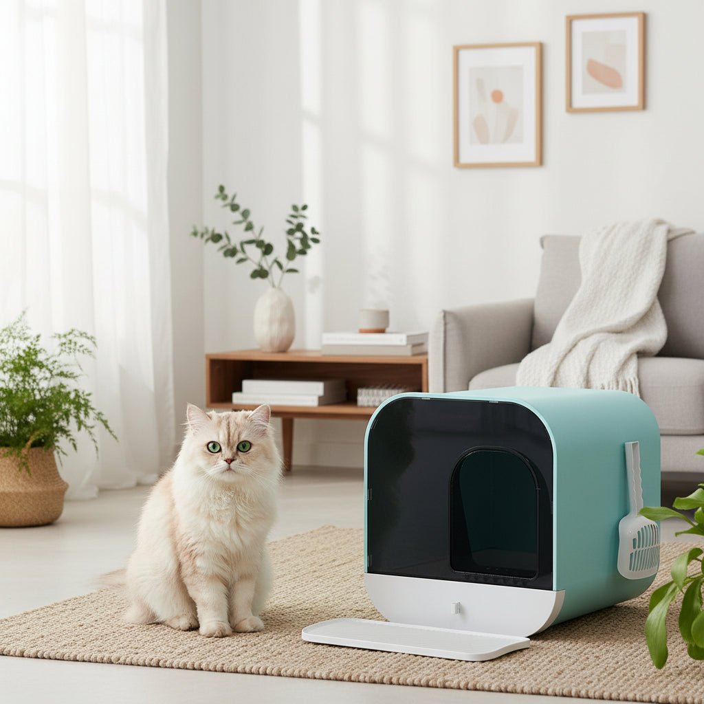 chat tiens debout à côté du bac a litiere a chat
