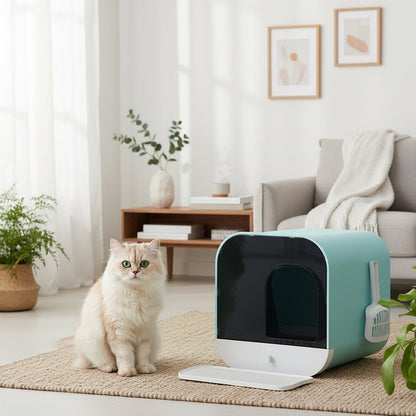 chat tiens debout à côté du bac a litiere a chat