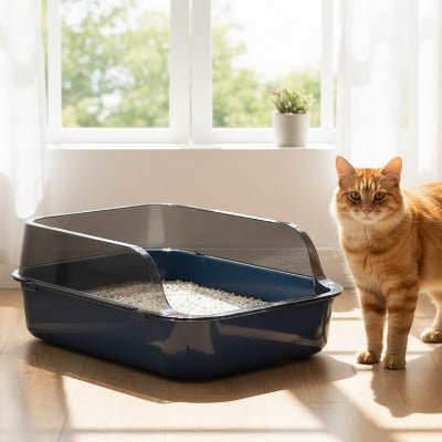 Le chat se tient à côté du bac à litière pour chat