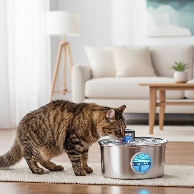 chat tigré buvant dans la fontaine a eau pour chat