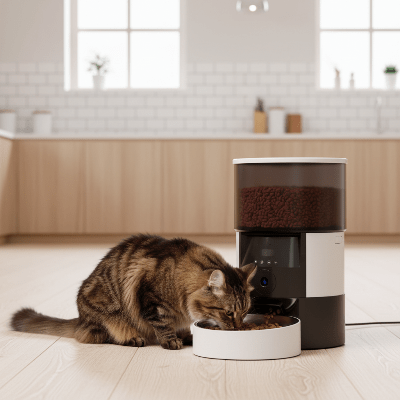 chat tigré mangeant du distributeur automatique de croquettes pour chat